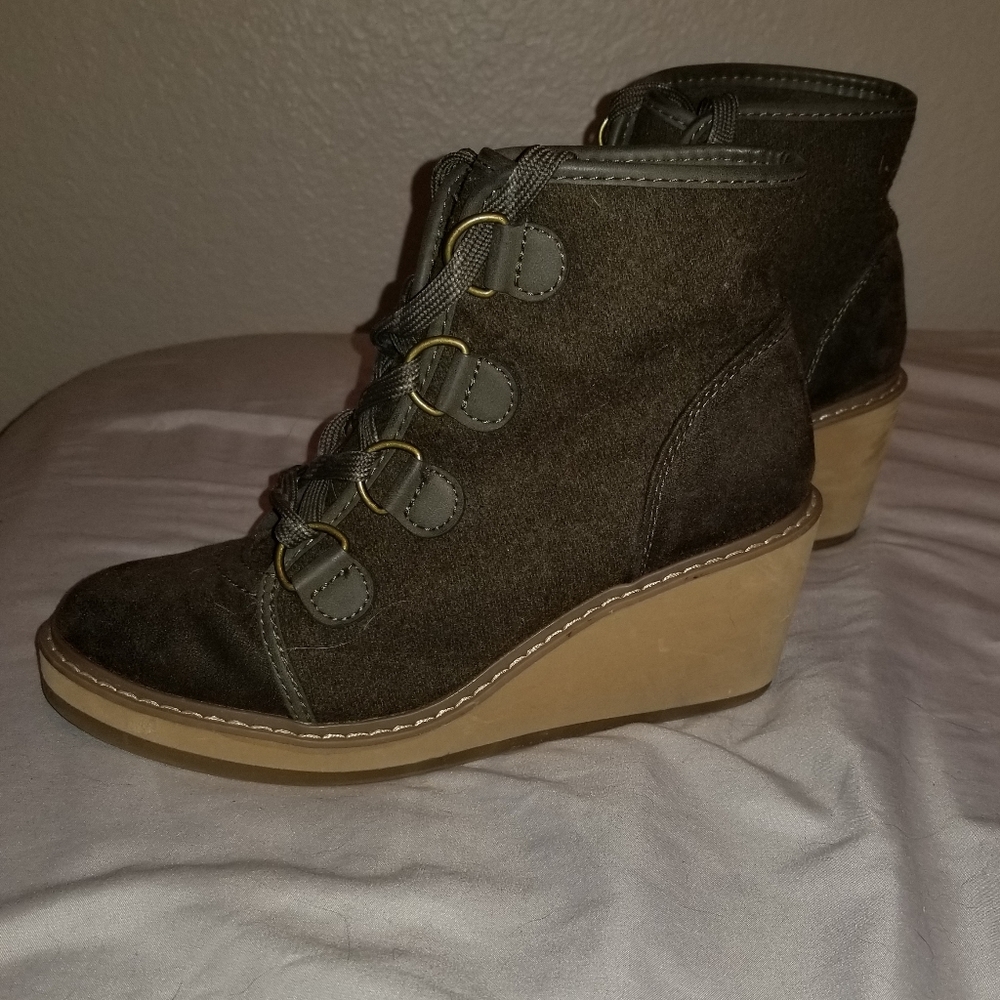 Olive green wedge booties